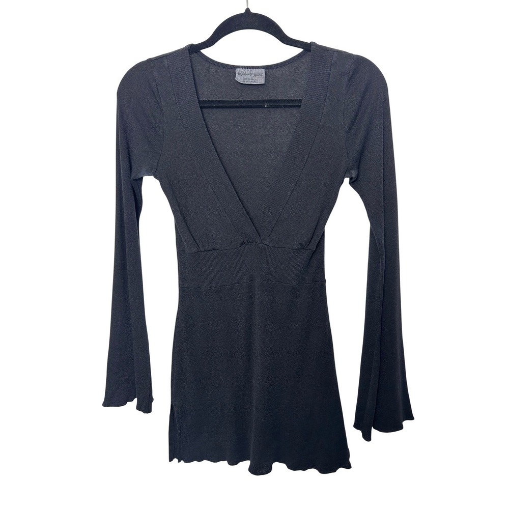 Michael Stars Top Black Bell Sleeve One Size babydoll v neck Y2k sheer